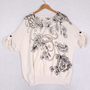 Chico's Floral Knit Kimono Sleeve Sweater Top Cream L Grandmacore Boho